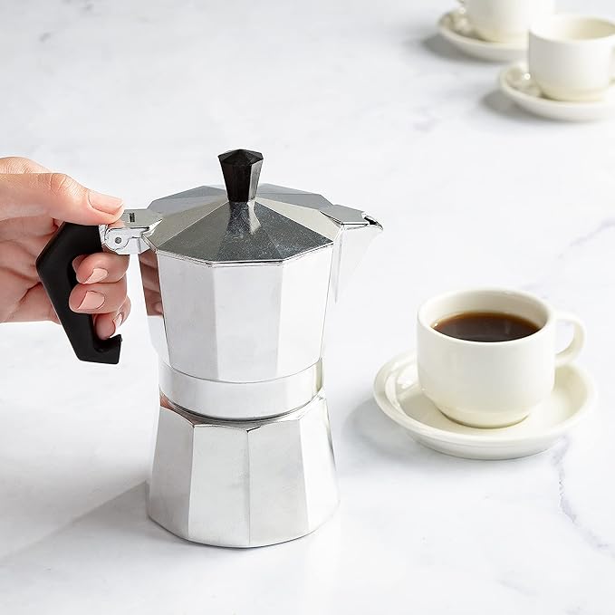 Primula Classic Stovetop Espresso and Coffee Maker, Moka Pot for Italian and Cuban Café Brewing, Greca Coffee Maker, Cafeteras, 3 Espresso Cups, Silver