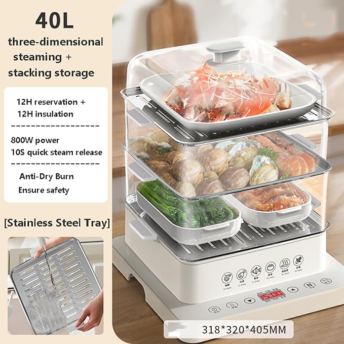 Food Steamer Electric Multicooker 800W | 3 Layers with Automatic Heat Preservation | Foldable Design | Touch Control Visual Panel