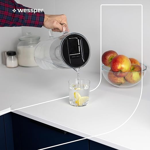 Wessper Water Filter Jug Glass 3 L Crystaline, Set Water Jug and 2 Filters Aqua Classic, Water Carafe for Drinking Water Compatible with Brita Classic, Dafi - Black