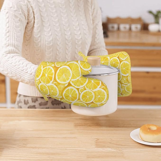 Oven Mitts and Pot Holders Lemon Watercolor Yellow Silicone Kitchen Accessories Set of 4 Heat Resistant Long Gloves Potholder Non-Slip Grip for Chef Cooking Baking Grilling BBQ