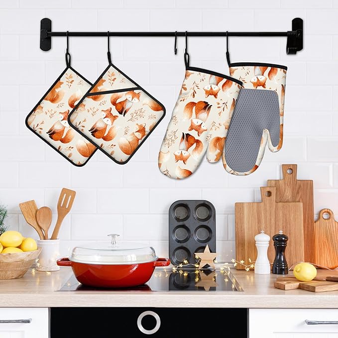 Cute Fox Oven Mitts and Pot Holders Sets 4Pcs Silicone Non-Slip Mitts Heat Resistant Gloves Hot Pads for Kitchen Cooking Baking Grilling BBQ