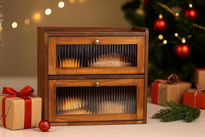 Sunhoo Bread Box for Kitchen Countertop Wooden Bread Storage Container Bin 2 Layer Breadbox Holder Large Capacity Keeper Vintage Farmhouse Food Organizer Pantry Shelf Acrylic Window (Brown)