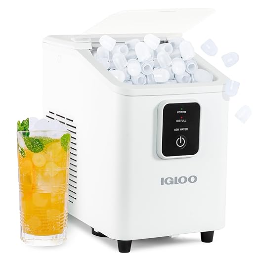 Igloo Portable Ice Maker with Scoop & Basket -Ice Maker with LED Control Panel & 1 Quart Water Tank- Ice Cube Maker Produces 26 Lbs Of Ice In 24 Hours with 8 Large or Small Cubes In 7-8 Minutes- White