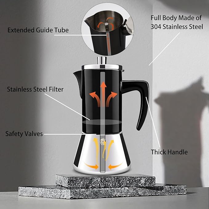 6 Cup Thickened 304 Stainless Steel Moka Pot Stovetop Espresso Maker Cafeteras Italian Percolator Espress Makers Capable Greca Mocha Coffee Machine for Induction Home and Camping 300ml 10oz