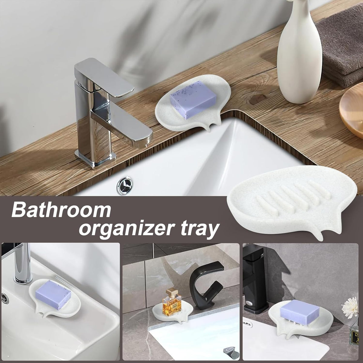 2 Pcs Soap Dish with Drain- Self Draining Bar Soap Holder for Shower, Marble Look Soap Savers Soap Tray Sponge Holder for Kitchen, Bathroom, Bathtub Sink, Crystal White