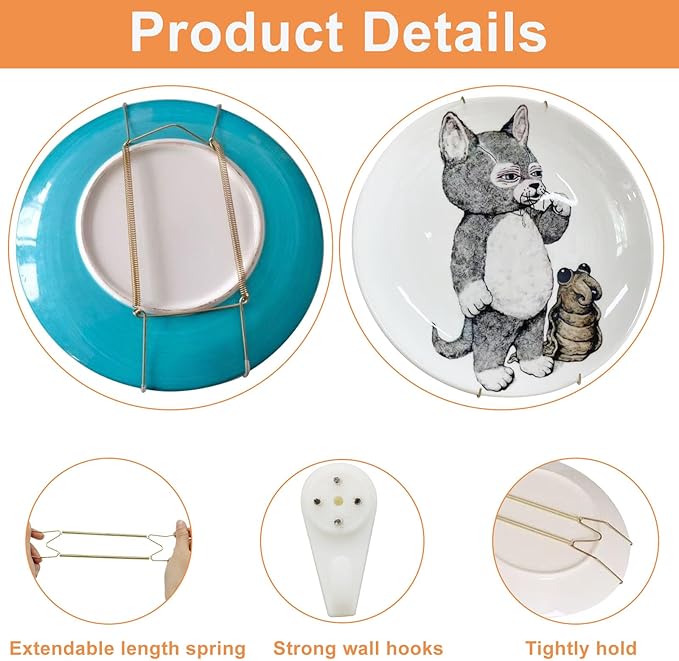 Plate Hangers for The Wall - Stainless Steel Invisible Heavy Duty Wire Plate Holder for 15-16 Inch Decorative Plates, Art Plates & Ceramic Plates with Wall Hooks