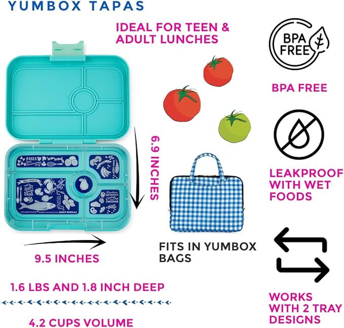 Yumbox Tapas Leakproof Bento Lunch Box - 5-Compartment Bento Container for Adults and Kids; Large Size 9.5x6.9x1.8; BPA-Free, Leakproof & Easy Clean; Lunch Box Kids (Antibes Blue)