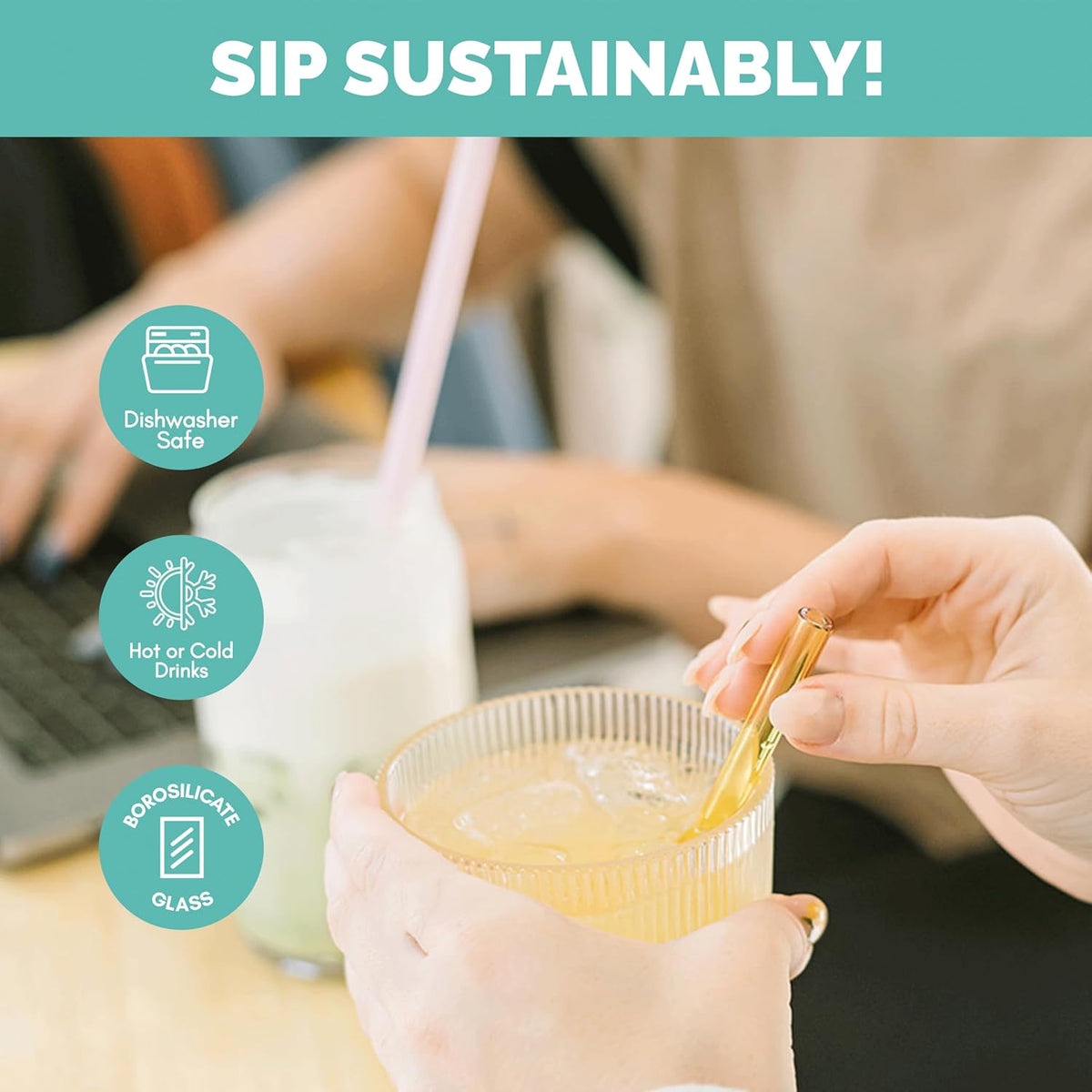 Simply Straws 6 Inch Glass Straws Straight (6-Pack) – Reusable Glass Straws for Low Balls & Stemless Glasses, with Cleaning Brush – Dishwasher Safe, Hot & Cold Use, BPA-Free (Air)