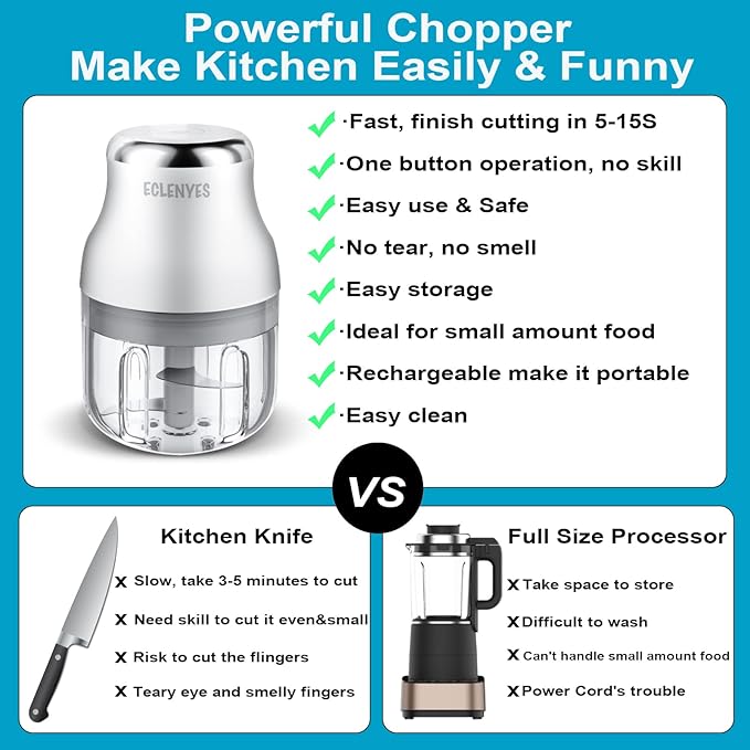 2Pcs 250ML Electric Garlic Chopper, Mini Portable Veggie Chopper, Garlic Grinder Masher Onion Chopper, Blender to Vegetable, Wireless Food Processor for Ginger, Chili, Fruit, Meat, etc