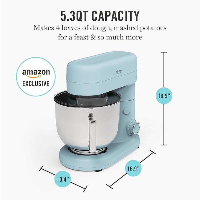 Martha Stewart Tilt-Head Stand Mixer, 12 Speed, 5.3QT Stainless Steel Bowl, Splash Guard with Pour Chute, Whisk, Dough Hook, Flat Beater, Electric Kitchen Baking Mixer, Bread, Cake, Whip, Sky Blue