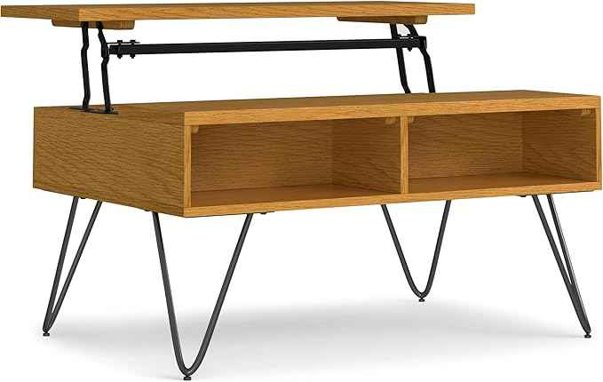 SIMPLIHOME Hunter Small Lift Top Coffee Table - 36 inch Wide Oak Veneer and Metal Industrial Cocktail Table in Oak, Living Room Table with Hidden Storage, 2 Cubbies, and Hairpin Legs