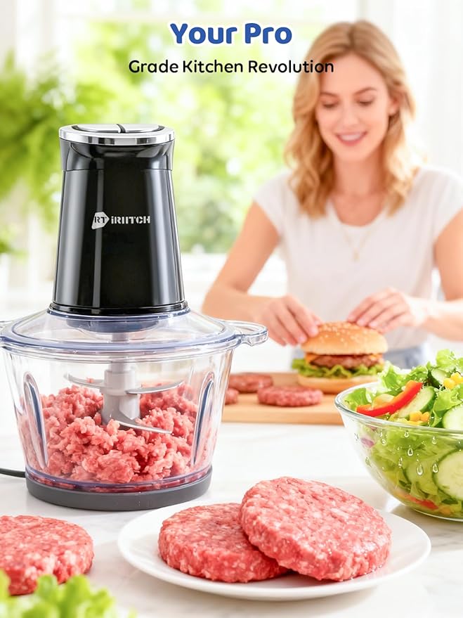 IRIITCH Food Processor with LED Timer, 800W Electric Chopper with 2 Bowls, Stainless Steel and Black, 2 Bi-Level Blades, Meat Grinder for Nuts, Onion, Garlic, Baby Food
