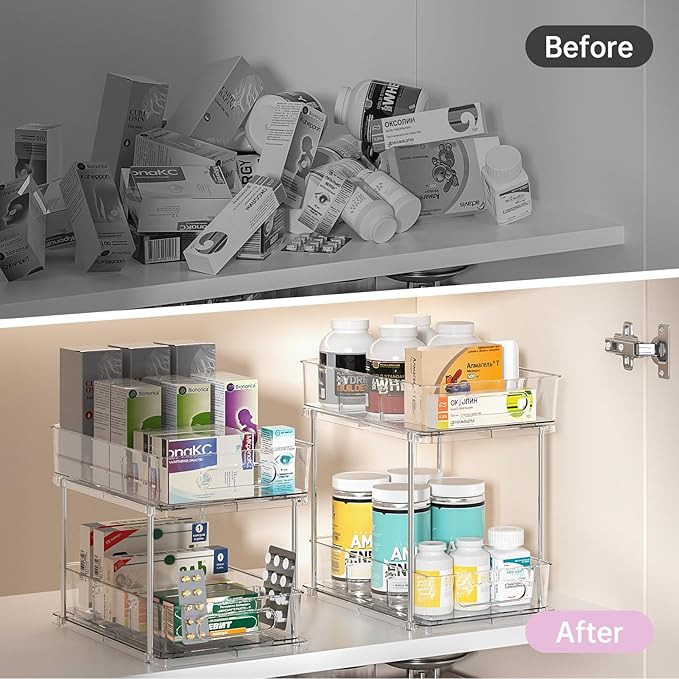 Delamu 2 Tier Snap-Lock Bathroom Under Sink Organizers and Storage, Multi-Purpose Cabinet Drawers with Movable Dividers, Pull Out Organization for Countertop, Kitchen and Pantry(Clear, 4 Pack)
