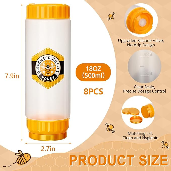 SiliFine 8 Pcs Honey Dispenser No-drip with Lid, Honey & Syrup Squeeze Bottle, Refillable Condiment Bottle Bpa-free, More Hygienic for Sauces Ketchup Kitchen Pancakes Salad Dressings (18 oz)