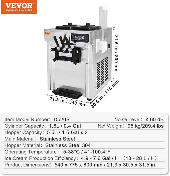 VEVOR Commercial Ice Cream Machine, 18-28 L/H Yield, 1850W 3-Flavor Countertop Soft Serve Ice Cream Maker, 2 x 5.5L Stainless Steel Cylinder, LED Panel Auto Clean Pre-cooling, for Restaurant Bars
