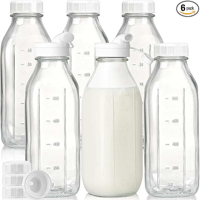 Liter Glass Milk Bottles w 100% Airtight Heavy Duty Screw Lid & 2 Dispenser- 6 Pack 32 Oz Drinking Jars - Food Grade Glass Bottles for Milk, Honey, Jam - Dishwasher Safe(Extra 2 Lids and Stickers)