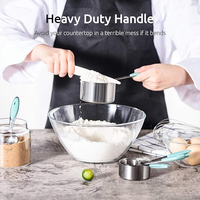 U-Taste 10 Piece Measuring Cups and Spoons Set in 18/8 Stainless Steel, and 600ºF Heat Resistant 13 inch Large Non-Stick Silicone Soup Ladle (Aqua Sky)