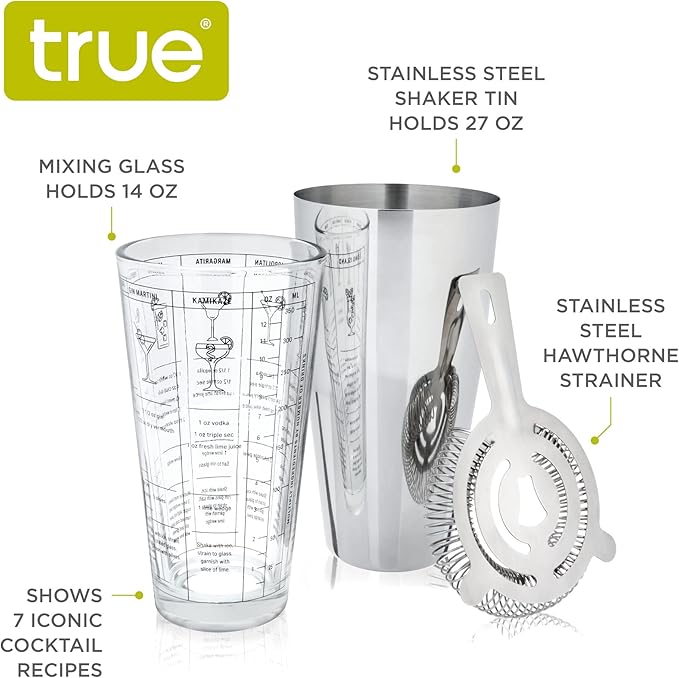 True 3-Piece Barware Set for Mixed Drinks and Cold Brew Cocktails, Includes Cocktail Shaker Tin, Cocktail Mixing Glass with 7 Printed Recipes, and Hawthorne Strainer, Home Bar Tools, Bartender Gifts