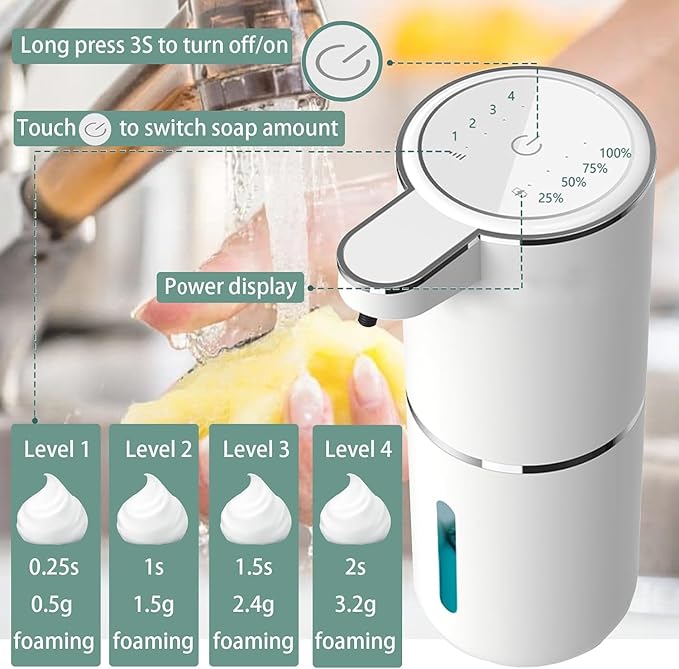 2P Automatic Soap Dispenser, Touchless Foaming Soap Dispenser 400ml USB Rechargeable Dispenser Electric Wall Mounted 4levels Adjustable Foam Dish Soap Pump for Bathroom Kitchen