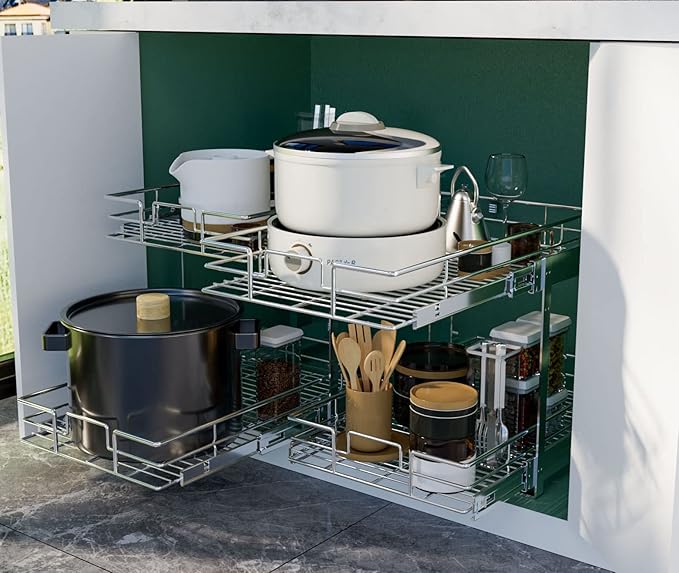 LOVMOR 2 Tier Individual Pull Out Cabinet Organizer 20" W x 21" D, Slide Out Kitchen Cabinet Storage Sliding Shelves