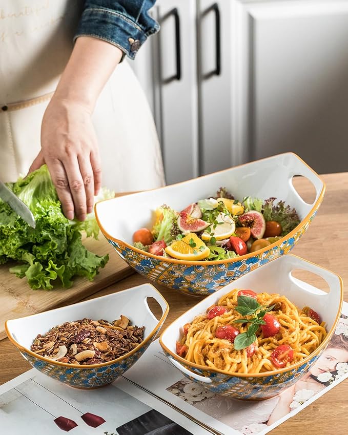 LAUCHUH Serving Dishes for Entertaining, Porcelain Serving Bowls with Handles Bohemian Salad Bowls Set Nesting Bowls for Mother's Day Party, Set of 3, 15/28/49 oz, Blue and Yellow