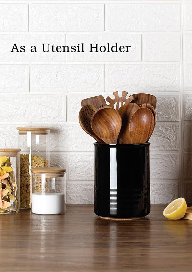 Utensil Holder, 6.7" Ceramic Kitchen Utensil Crock for Countertop Cooking, Modern Utensil Caddy Jar Organizer for Farmhouse Kitchen Counter Decor (Black)