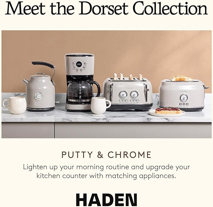 Haden Dorset 2 Slice Wide Slot Stainless Steel Toaster with Adjustable Browning Control & Non-Slip Feet, Putty & Chrome