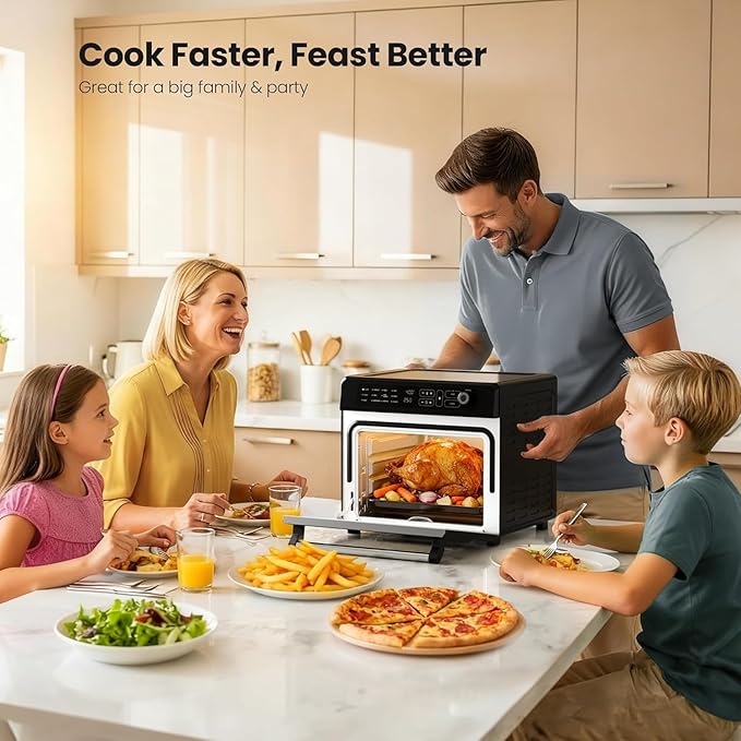 Kismile 25QT Air Fryer Toaster Oven Combo, 12-in-1 Large Countertop Convection Airfryer Oven, 70–450℉, Bake, Roast, Reheat, Broil, Fits 12″ Pizza, Includes Full Accessories, Stainless Steel(Black)