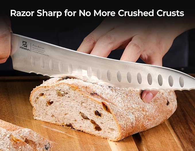 Piklohas Resharpenable Bread Knife for Homemade Bread, 10 Inch Serrated Sourdough Knife with Offset Handle, Innovative Wavy Edge for Clean Slices Crusty Bread, Bagels, Pineapple & Tomatoes, Gift Box