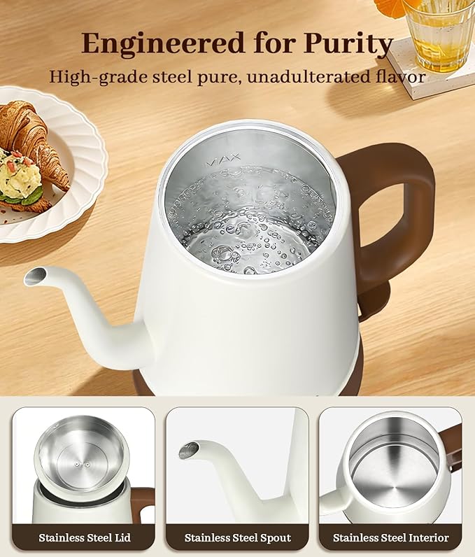 Gooseneck Electric Kettle 1L, 1000W Fast Boiling for Pour-Over Coffee & Tea, 304 Stainless Steel BPA-Free, Precise Flow Spout, Auto Shut-Off & Boil-Dry Protection, Retro Style (White)