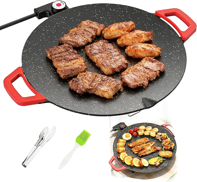 Non-Stick Electric Indoor Grill Pan, Large Round Electric Griddle & Smokeless Korean BBQ Grill Indoor - fast heating, portable, for burgers, pancakes & stovetop use (Large)