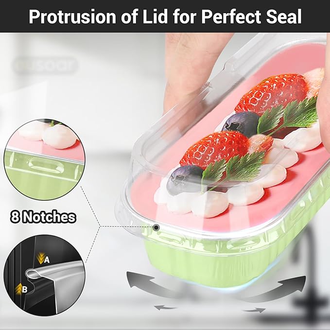 EUSOAR Foil Ramekins with Lids, 50pcs 6.8oz 6.5"x2.5"x1.2" Disposable Aluminum Baking Cups Mini Cake Pans with Lids, Rectangle Cupcake Containers Wrappers，Dessert Cheesecake Creme Brulee Pan