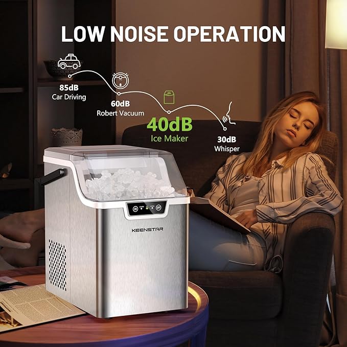 KEENSTAR Nugget Countertop Ice Maker with Soft Chewable Ice 40Lbs/24H, Pebble Sonic Ice Machine with Basket and Scoop, Ready in 5 Mins, Auto Self-Cleaning