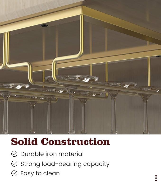 Nuovoware Wine Glass Rack, 4 Rows Wine Glass Holder Storage Hanger Metal Organizer Under Cabinet Stemware Rack for Bar Kitchen Cabinet, Nano Golden