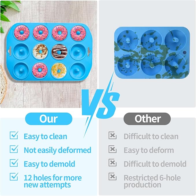 12 hole Silicone Donut Pan, Bite Size Silicone Donut Molds for baking, Mini Donut Mold Heat Resistant, Mini Donut Pan for baking Donuts, Muffin, Cake Biscuit Bagels, Non-stick Bottom, Dishwasher Safe