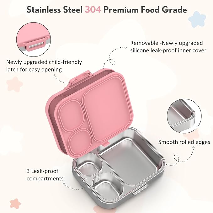 Howeemo Stainless Steel Bento Box Kids, Leak Proof Metal Bento Lunch Box,3 Compartments 304 Stainless Steel Bento Lunch Containers for School and Office, BPA-Free(Pink)