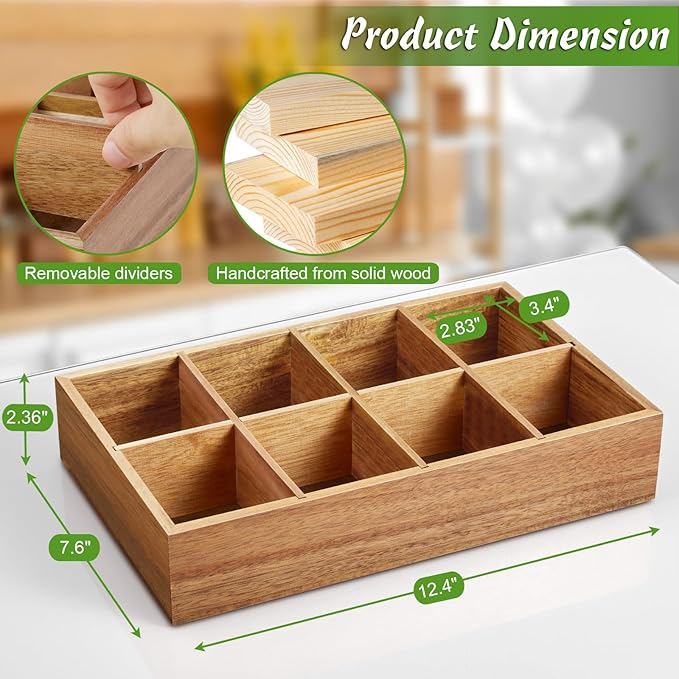 DRASTAR Acacia Wooden Tea Bag Organizer with 8 Slots, Sugar Packet Holder and Tea Bag Caddy Box for Countertop