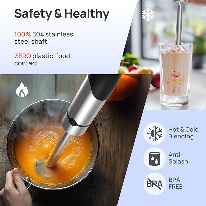 Consciot 4 in 1 Immersion Hand Blender Max 1100W, Corded Stick Emulsifier with Entire Stainless Steel Blender Shaft, Trigger Speed Control, For Blending, Beating, Frothing, Mixing & More, Non-BPA