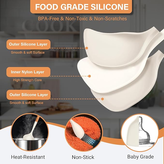 Large Silicone Kitchen Utensils Set, 6 PCS Nonstick Cooking Utensils Set with Wooden Handle, Heat Resistant and BPA Free Silicone Utensil Spatula Set for Cooking with Turner, Spoon and Ladle(White)