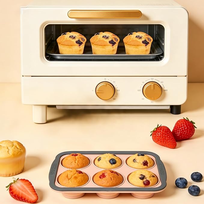 Silicone Muffin Pans for Baking with Metal Frame, 6-Cup Silicone Muffin Pan, Non-BPA Nonstick Coating, Easy Release & Clean, Oven & Dishwasher Safe, Versatile for Baking, Custards & Cupcakes(Pink)