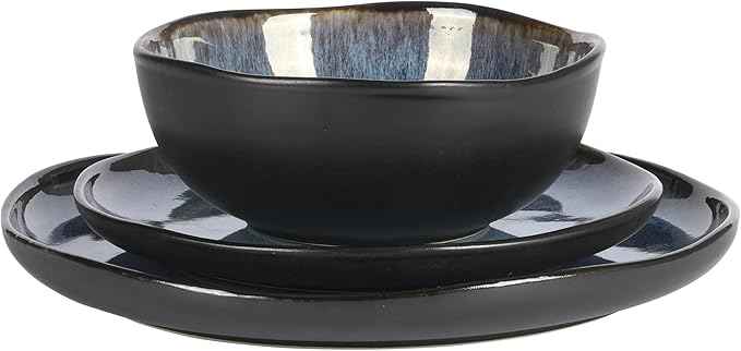 Gibson Elite Nardini 12 Piece (Service for 4) Plates and Bowls Reactive Glaze Dishes Stoneware Ceramic Dinnerware Set - Black and Blue