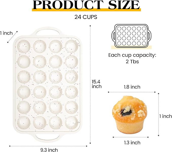 1 Pc Mini Muffin Pan with Metal Reinforced Frame, 24 Cups Nonstick Silicone Cupcake Tray for Baking, Food Grade Small Muffin Molds with Handles (Cream)