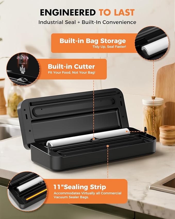 Vacuum Sealer for Food, 95kPa Food Saver Vacuum Sealer Machine, 135W Fast-Sealing with Easy Tear Cutter, Built-in Bag Storage
