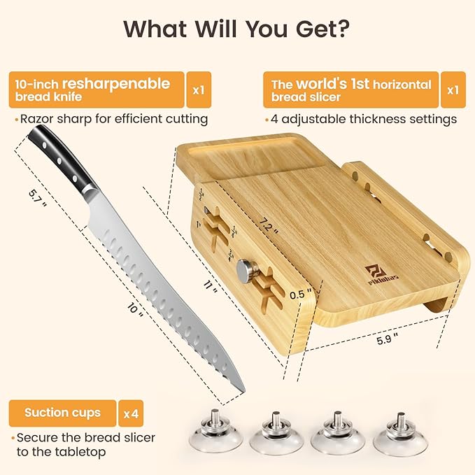 Piklohas Bread Slicer With Bread knife, World's 1st Horizontal Bread Cutter for Homemade Bread, 4 Thickness Adjustable, Paired With Multifunction Serrated Knife for Efficient Slicing, Baking Gifts