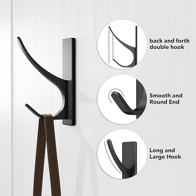 pickpiff Matt Black Self Adhesive Coat Hooks for Hanging: 13LB Extra Strong Stainless Wall Hook for Towel, Utensil, Backpack, Hat, Sturdy Metal Hanger for Bathroom, Kitchen, Door, 6-Pack