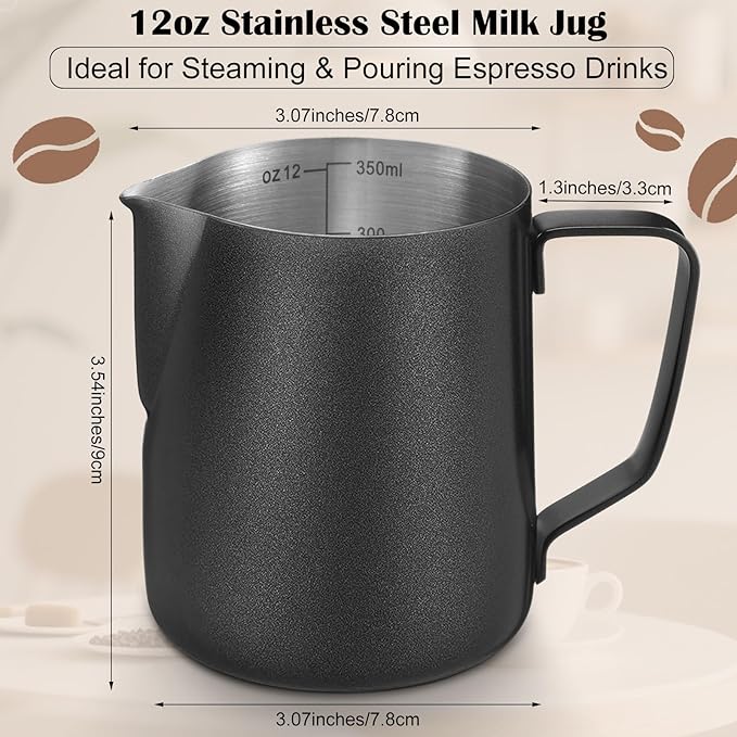 Honeydak 6 Pcs Milk Frothing Pitcher 304 Stainless Steel Steaming Pitchers for Coffee Bar Cappuccino Barista Tools Milk Jug Steamer Frother Cup (12 oz)