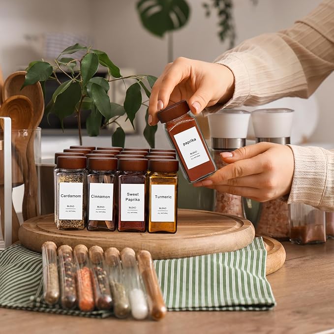 16 Pcs Spice Jars, 4oz Seasoning Containers with Acacia Wood Shaker Lids, Glass Spice Bottles with Labels, Square Seasoning Organizer, Kitchen Spice Container