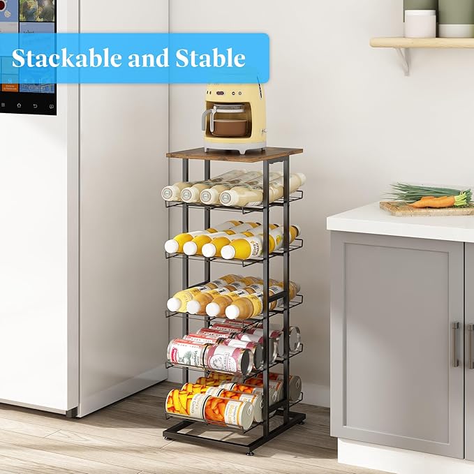 GILLAS 6 Tier with Wooden Top Water Bottle Storage with Wooden Tabletop,Metal Beverage Can Rack,Large Capacity Bottled Rack Water Bottle Holder Stand for Cabinet,Countertop Kitchen,Party,Black