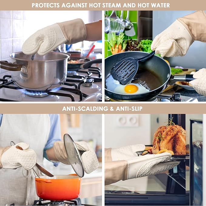 7 PCS Kitchen Oven Mitts and Pot Holders Cooking Mittens Heat Resistant 500°F Silicone Oven Mitts Soft Cotton Lining Non-Slip Oven Mittens for Kitchen Baking BBQ Cooking with Hook Up Oil Brush(Cream)