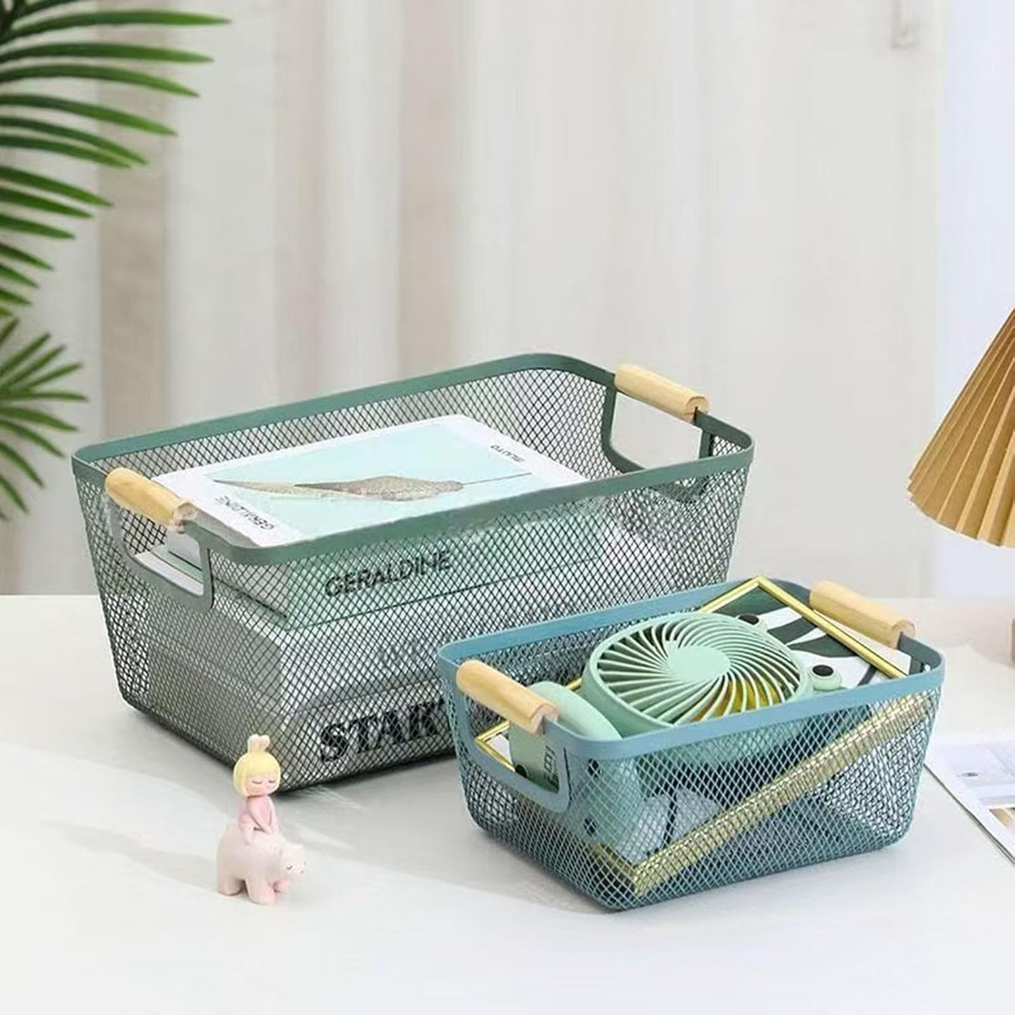 Metal Mesh Steel Basket, Large Wire Storage Organizer Basket Multi-function Hanging Kitchen Baskets with Wood Handle for Kitchen Bathroom Picnic Home, Rectangle-Blue
